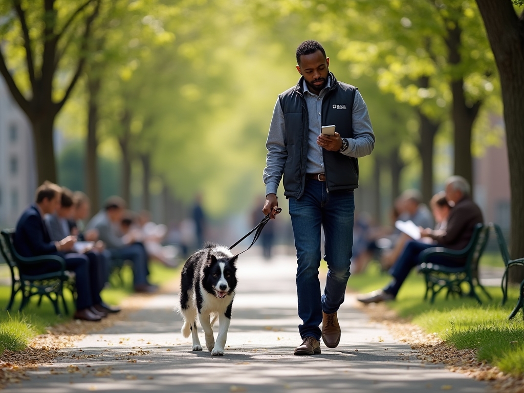 Professional dog walker taking a client's dog for a midday walk