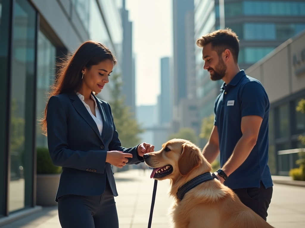 Professional walking a dog outside a modern office building