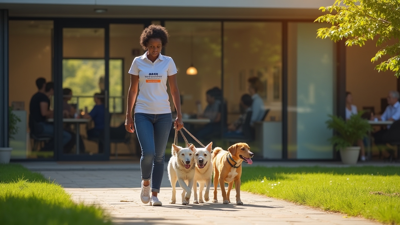 Dog walker coordinating with office workers for scheduled breaks